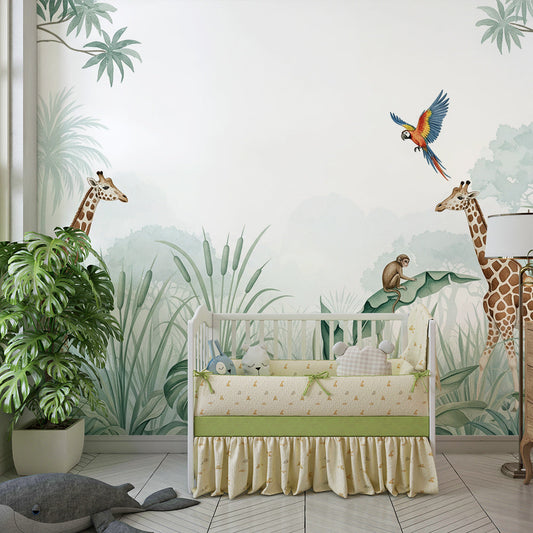 Kids-Mundo giraffe and macaw mural on a feature wall in a bright children's bedroom