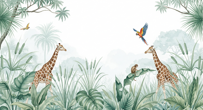 Kids-Mundo giraffe jungle artwork with macaw and monkey in soft watercolour greens