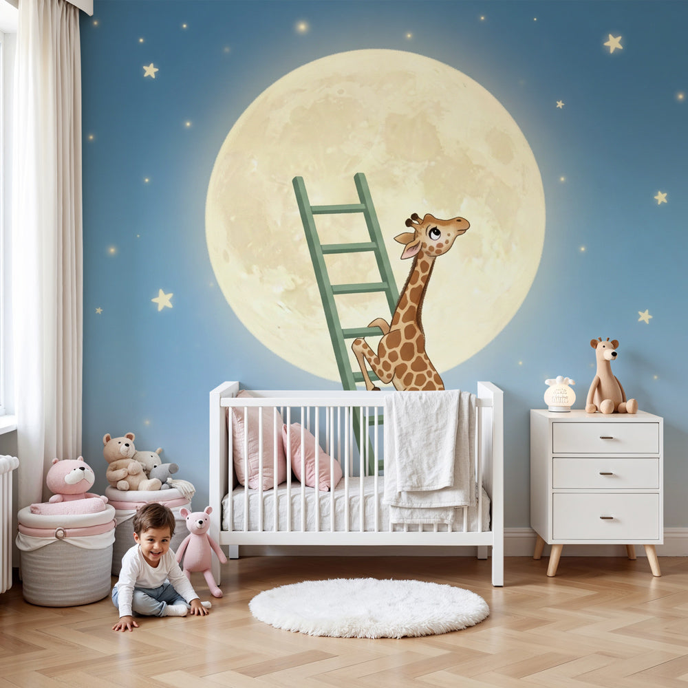 Giraffe moon mural wallpaper creating magical nursery atmosphere with starry night sky by Kids-Mundo
