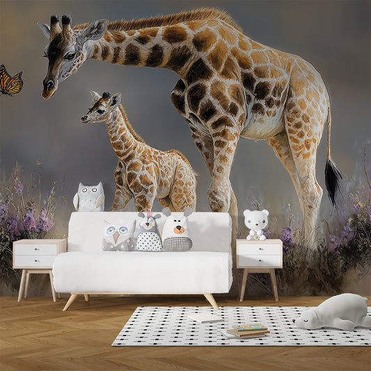 Kids-Mundo giraffe wall mural covering a feature wall in a kids bedroom