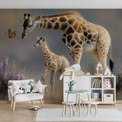 Kids-Mundo giraffe mother and calf mural styled beside a bookshelf in a playroom