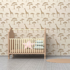 Safari themed giraffe mural wallpaper with acacia trees for calming kids room decor