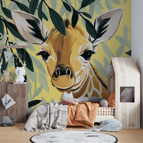 Safari giraffe wallpaper creating peaceful atmosphere in modern baby room with soft lighting
