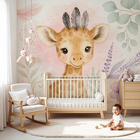 Adorable giraffe mural wallpaper with floral elements in baby nursery by Kids-Mundo