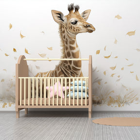 Safari themed giraffe wallpaper creating serene atmosphere in children's bedroom