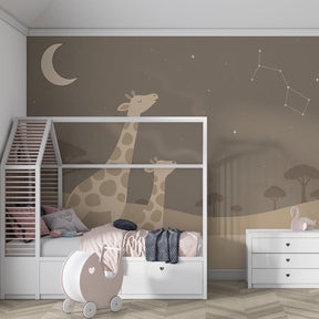 Safari giraffe wallpaper in modern kids bedroom with natural wood furniture and calming night sky design