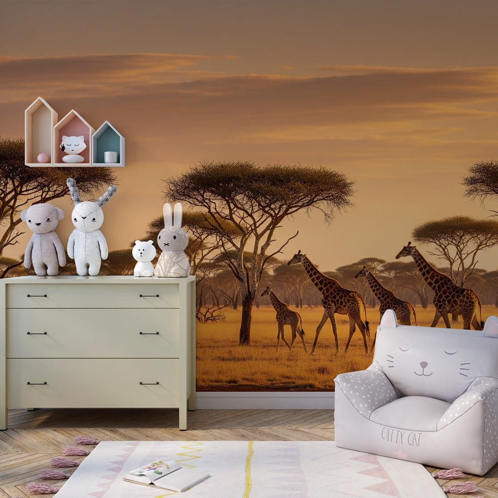 Sunset giraffe wallpaper creating African safari themed kids bedroom decor