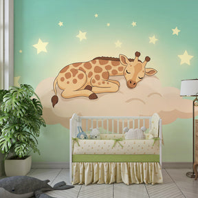 Dreamy giraffe wallpaper in children's bedroom with soft pastel colors and celestial theme