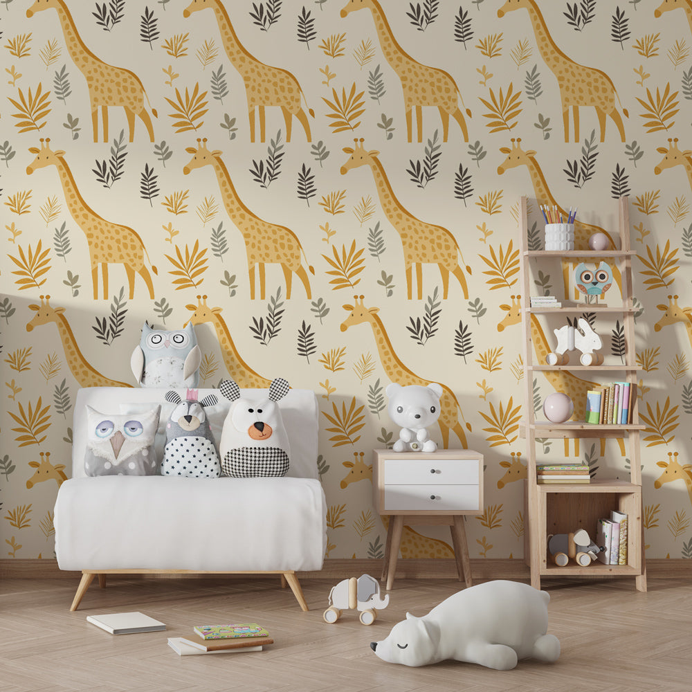 Botanical giraffe wallpaper in modern children's bedroom with natural decor elements