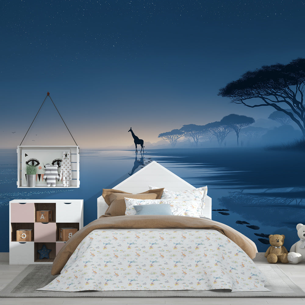 Blue starry night giraffe wallpaper for children's room decor by Kids-Mundo