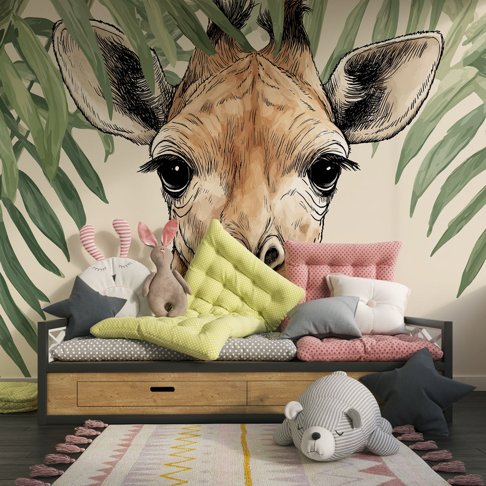 Botanical giraffe wallpaper for kids room featuring lush green foliage and warm earth tones