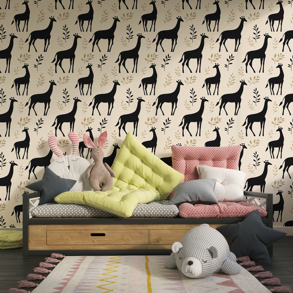 Safari giraffe wallpaper in modern children's bedroom with natural wood furniture and soft lighting