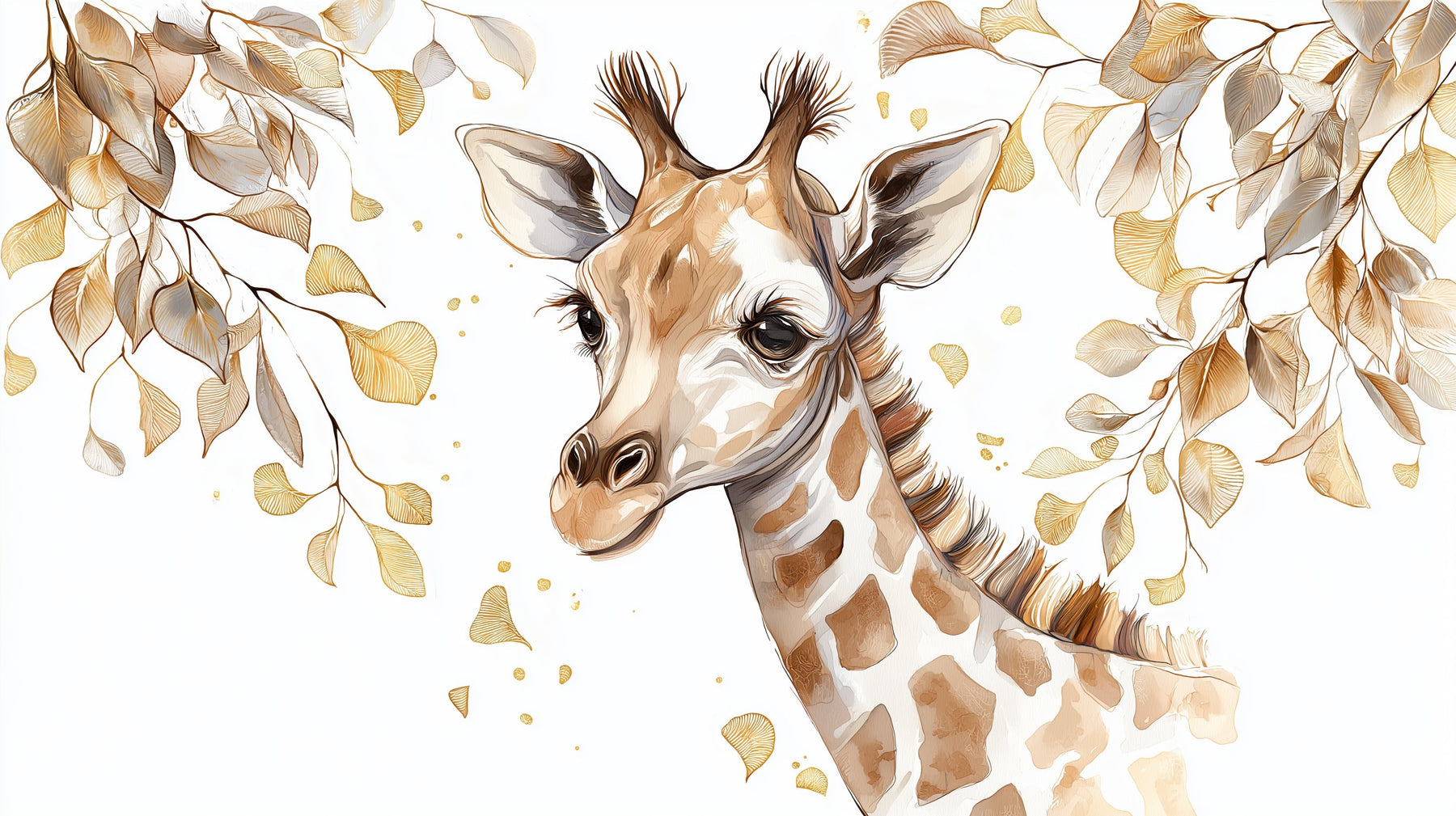 Detailed giraffe and golden foliage mural wallpaper design pattern by Kids-Mundo