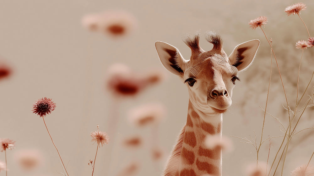 Detailed giraffe mural wallpaper design pattern featuring adorable animal in floral garden by Kids-Mundo