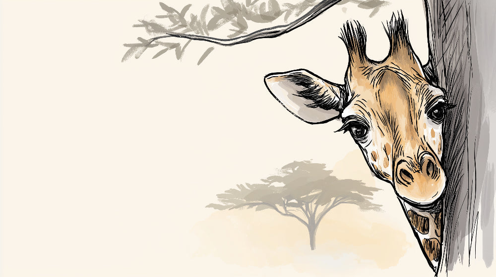 Detailed giraffe mural wallpaper design pattern showing curious giraffe behind acacia tree by Kids-Mundo