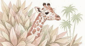 Detailed giraffe and foliage mural wallpaper design pattern with beige green tones by Kids-Mundo