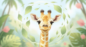 Detailed giraffe mural wallpaper design pattern with dancing leaves by Kids-Mundo