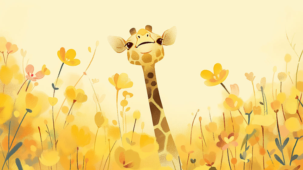 Detailed giraffe garden mural wallpaper design pattern showing colorful flowers by Kids-Mundo