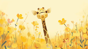Detailed giraffe garden mural wallpaper design pattern showing colorful flowers by Kids-Mundo