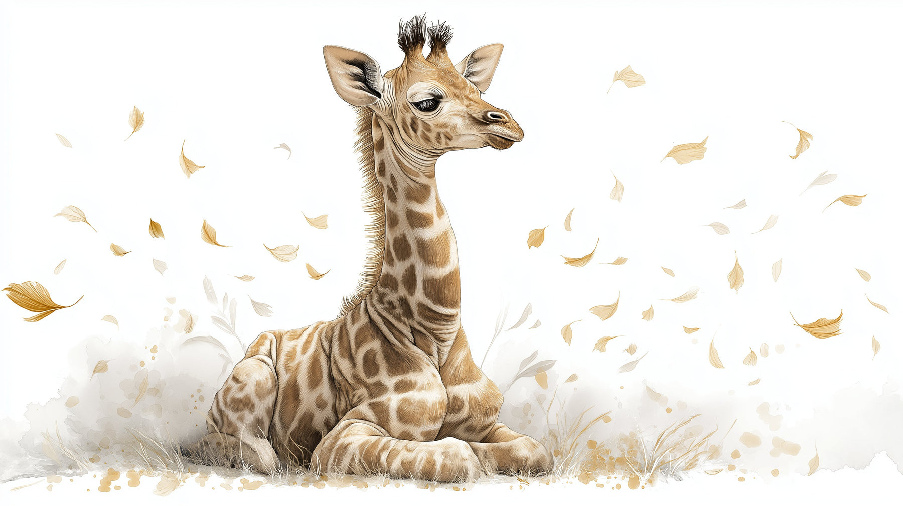 Detailed giraffe and golden leaves mural wallpaper design pattern by Kids-Mundo