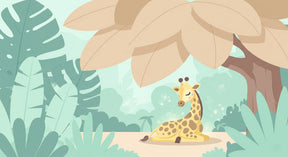 Detailed giraffe under foliage mural wallpaper design pattern with green beige tones by Kids-Mundo