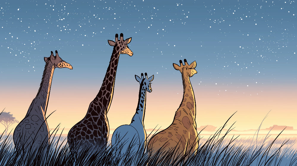 Detailed giraffe safari mural wallpaper design pattern with starry twilight sky by Kids-Mundo