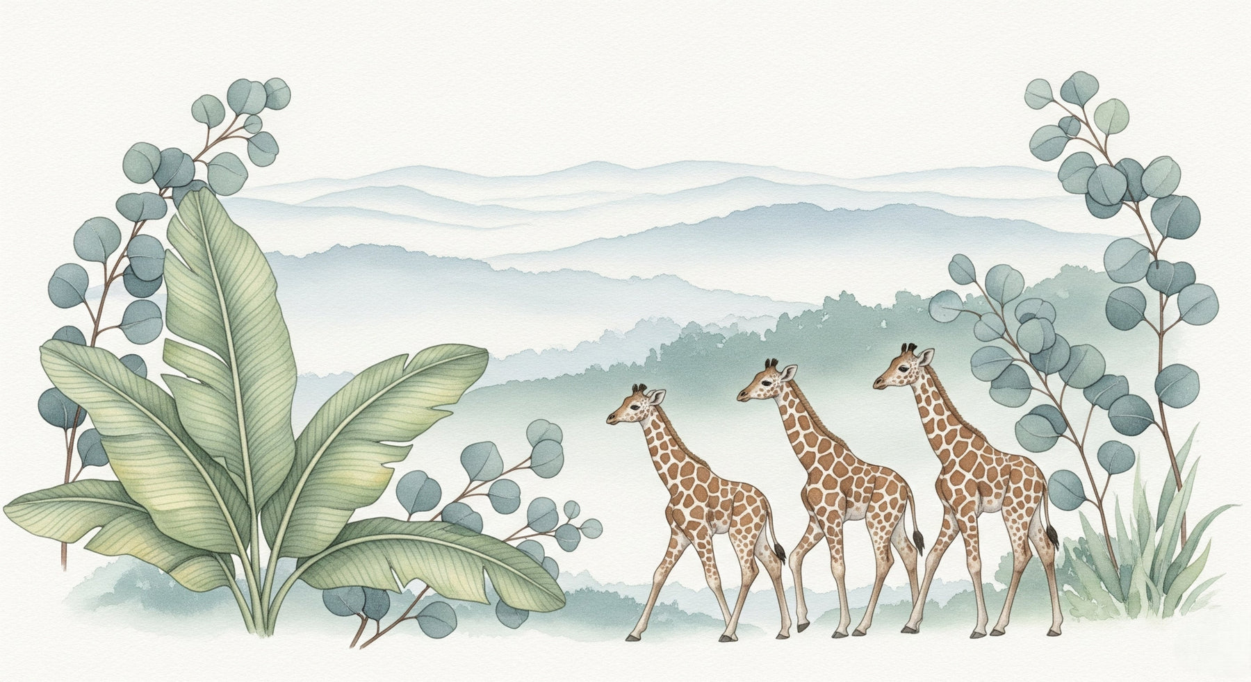 Detailed giraffe safari mural wallpaper design pattern with tropical leaves by Kids-Mundo