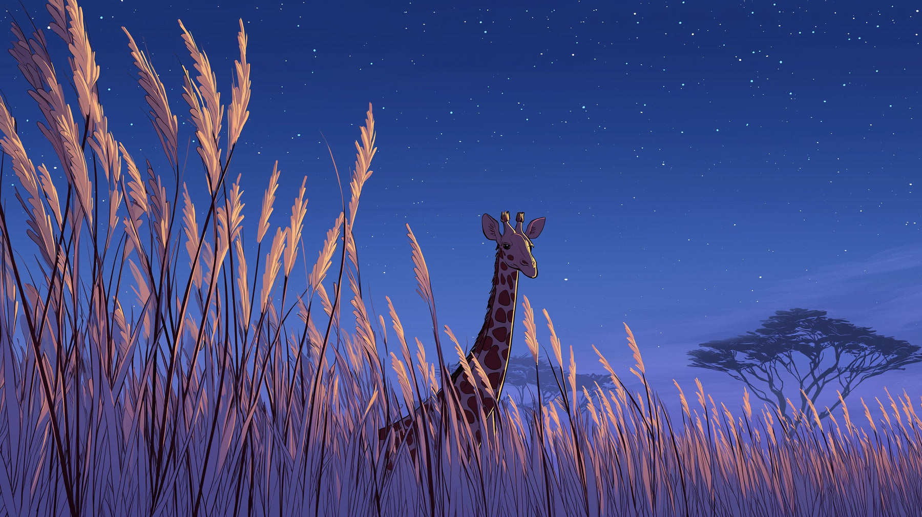 Detailed giraffe under stars mural wallpaper design pattern showing safari night scene by Kids-Mundo