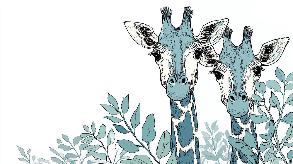 Detailed giraffe mural wallpaper design pattern with botanical foliage by Kids-Mundo