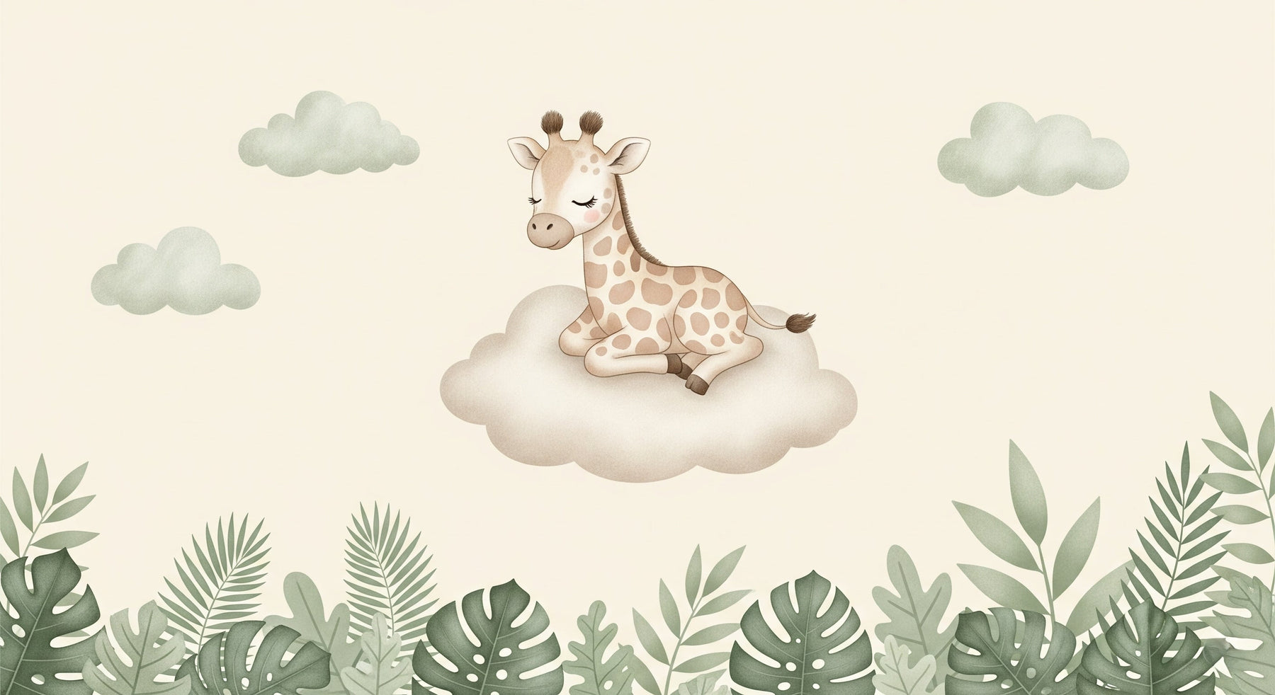 Detailed giraffe on cloud mural wallpaper design pattern with tropical foliage by Kids-Mundo