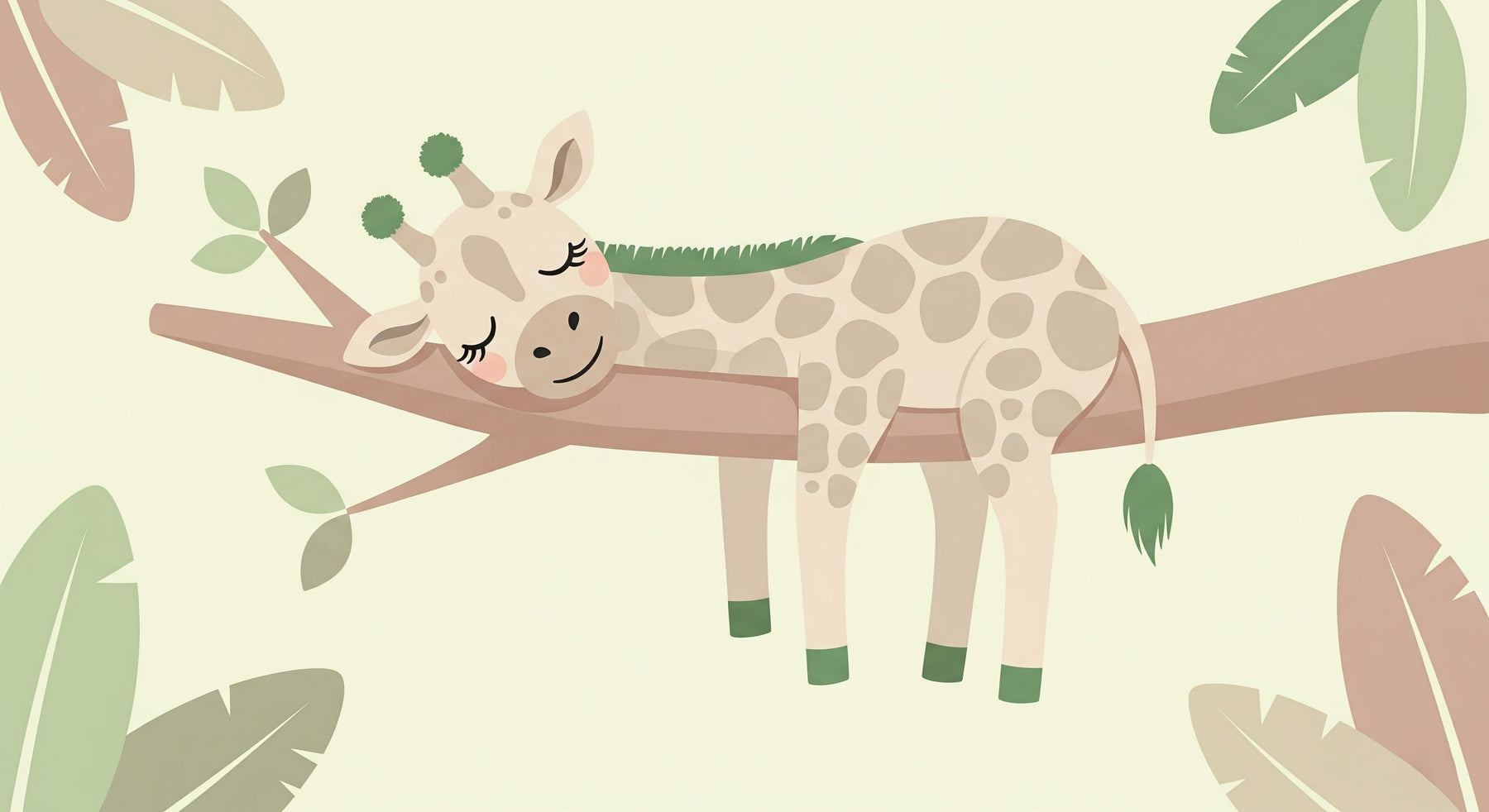 Detailed peaceful giraffe mural wallpaper design pattern with sleeping animal on branch by Kids-Mundo
