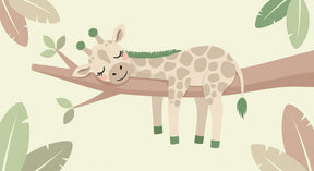 Detailed peaceful giraffe mural wallpaper design pattern with sleeping animal on branch by Kids-Mundo