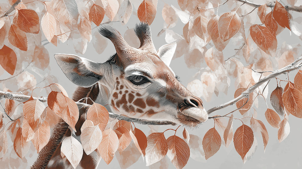 Detailed giraffe with autumn leaves mural wallpaper design pattern by Kids-Mundo