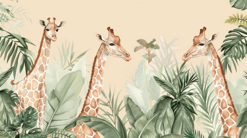 Detailed giraffe jungle mural wallpaper design pattern showing tropical safari artwork by Kids-Mundo