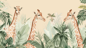 Detailed giraffe jungle mural wallpaper design pattern showing tropical safari artwork by Kids-Mundo
