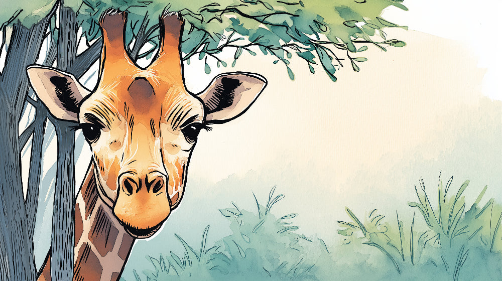 Detailed curious giraffe mural wallpaper design pattern with lush foliage by Kids-Mundo