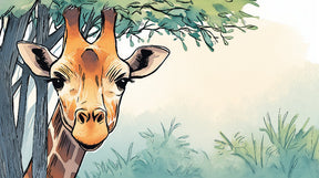 Detailed curious giraffe mural wallpaper design pattern with lush foliage by Kids-Mundo