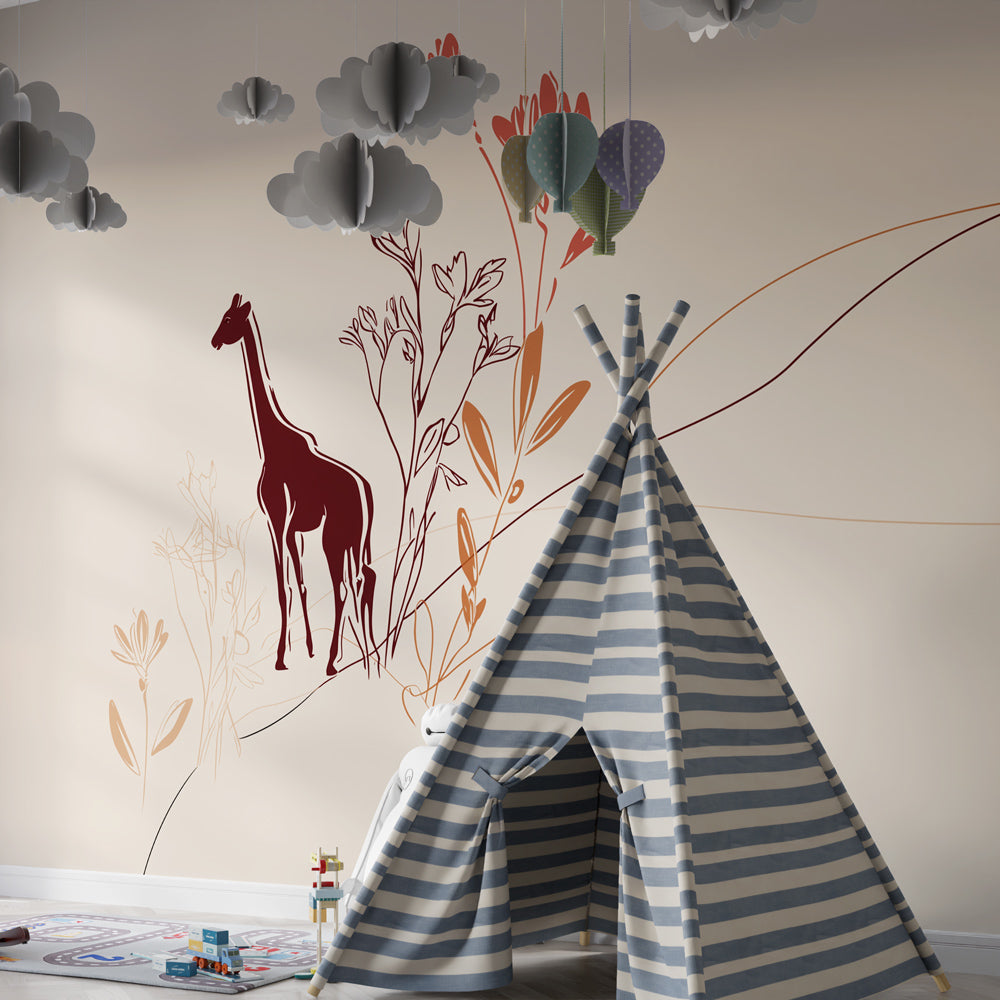 Animal mural wallpaper featuring giraffe and flowers in cozy children's bedroom setting