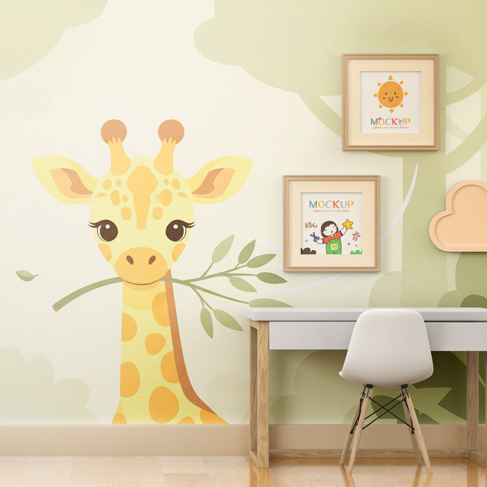 Safari giraffe wallpaper creating peaceful kids bedroom decor with soft green tones