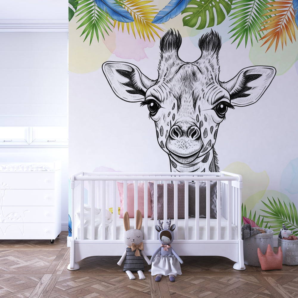 Tropical giraffe wallpaper in modern children's bedroom with colorful accessories and natural lighting