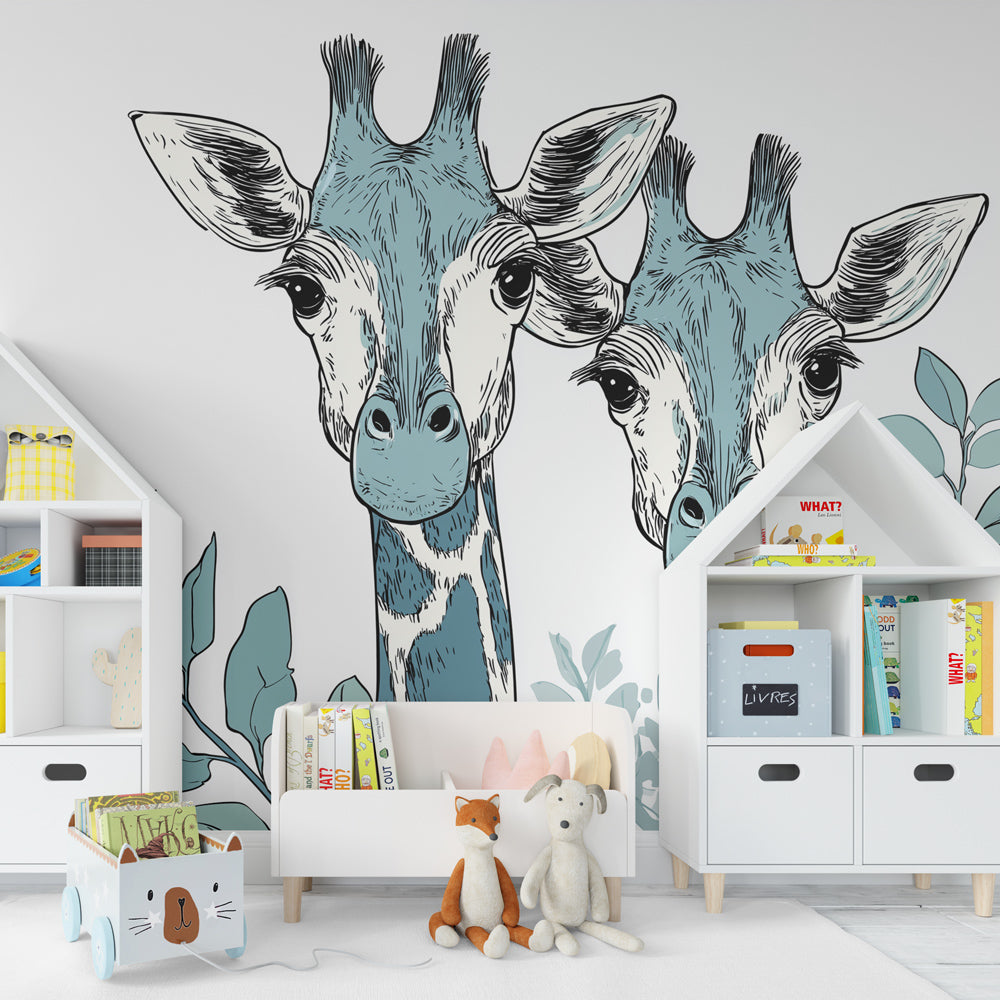 Safari giraffe wallpaper creating peaceful children's bedroom decor with botanical foliage elements
