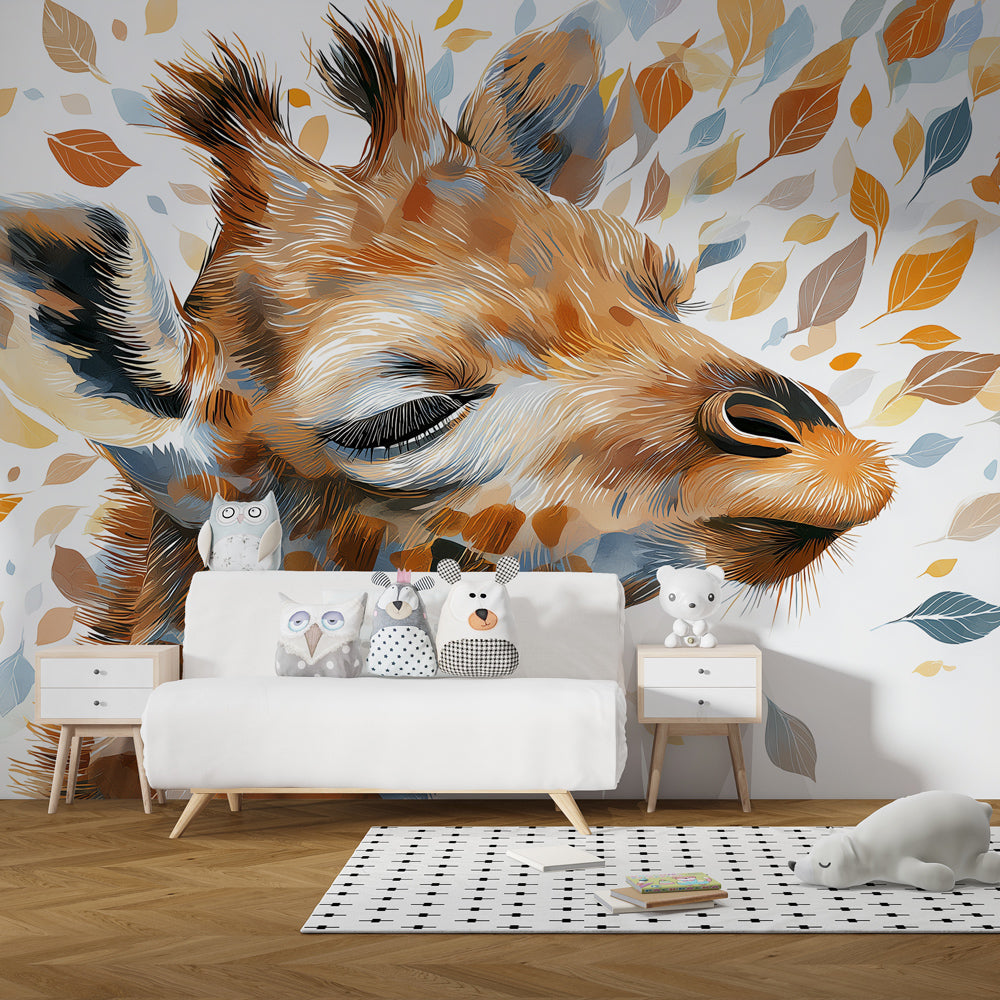 Colorful giraffe mural wallpaper with floating leaves in cozy kids room setting