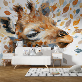 Colorful giraffe mural wallpaper with floating leaves in cozy kids room setting
