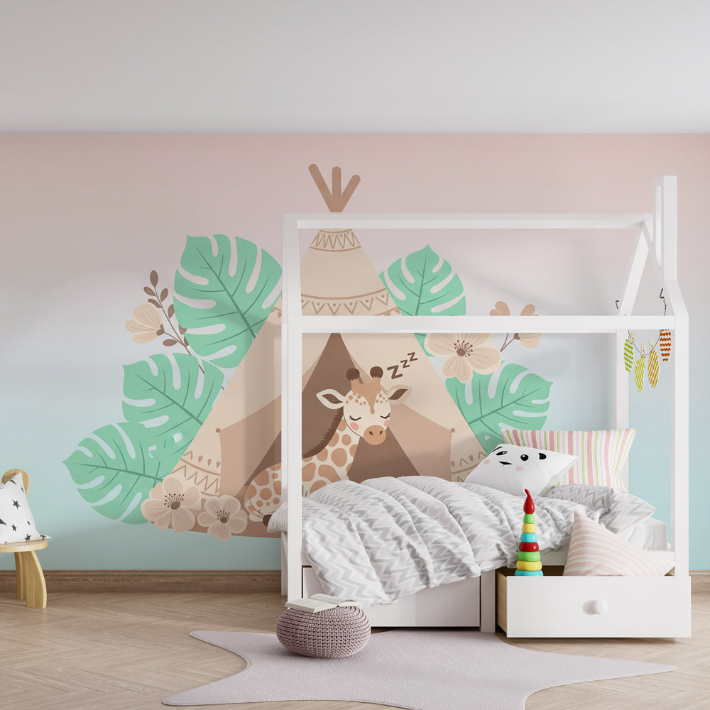 Animal themed mural wallpaper with sleeping giraffe for toddler room by Kids-Mundo