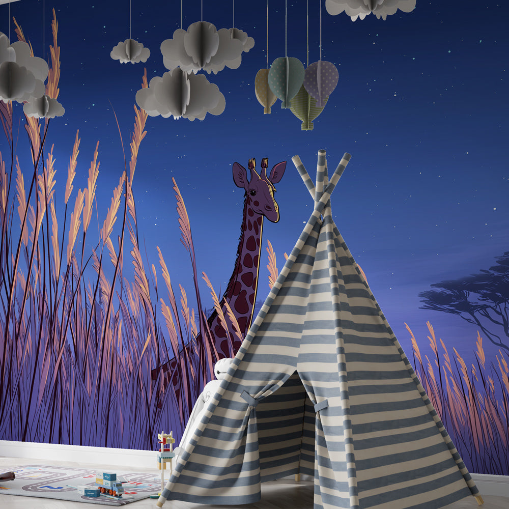 Safari night mural wallpaper with giraffe creating calming kids room environment by Kids-Mundo