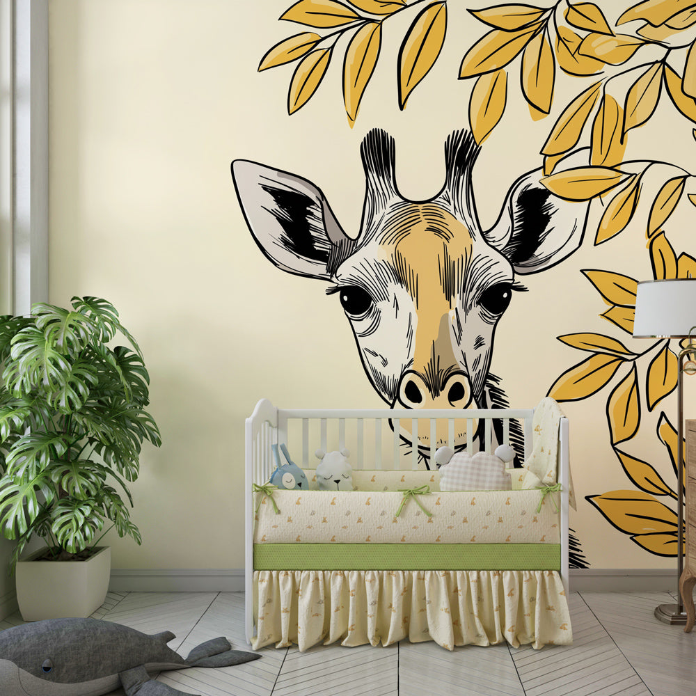 Golden leaf giraffe mural wallpaper creating warm and inviting kids room decor