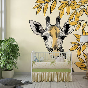 Golden leaf giraffe mural wallpaper creating warm and inviting kids room decor
