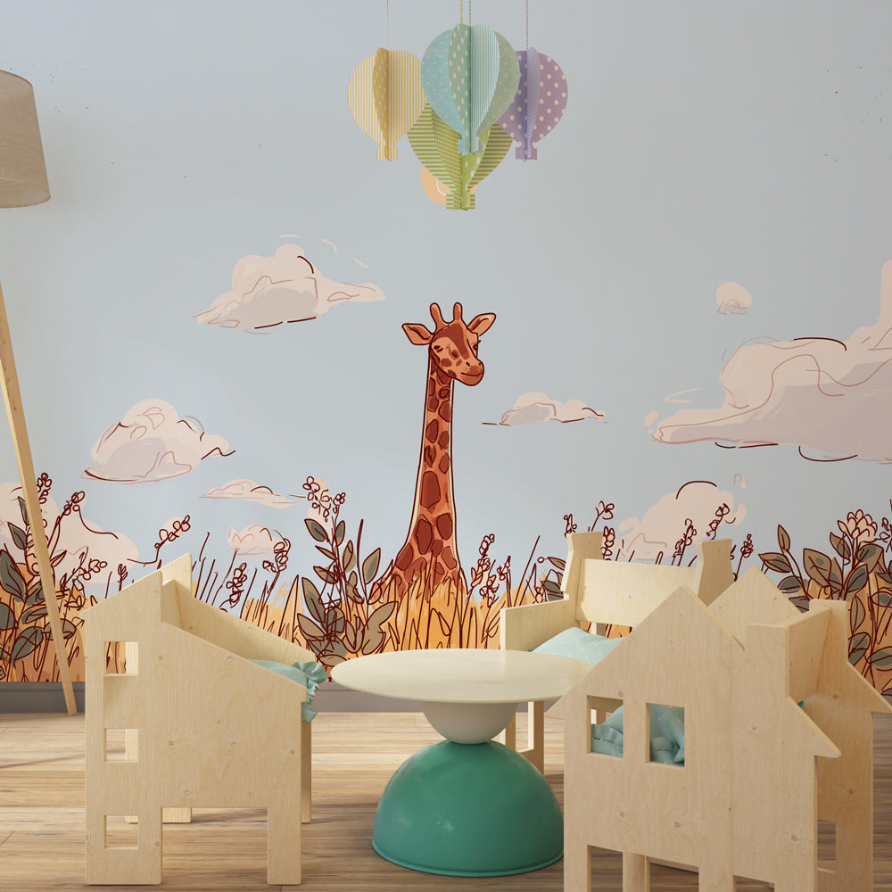 Golden fields giraffe mural wallpaper transforming kids playroom into safari adventure
