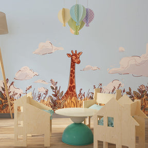 Golden fields giraffe mural wallpaper transforming kids playroom into safari adventure