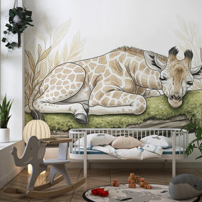 Safari giraffe wallpaper creating calm atmosphere in children's bedroom